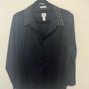 Beautiful black tunic length blouse. Collar is bedazzled to make it sparkle!
